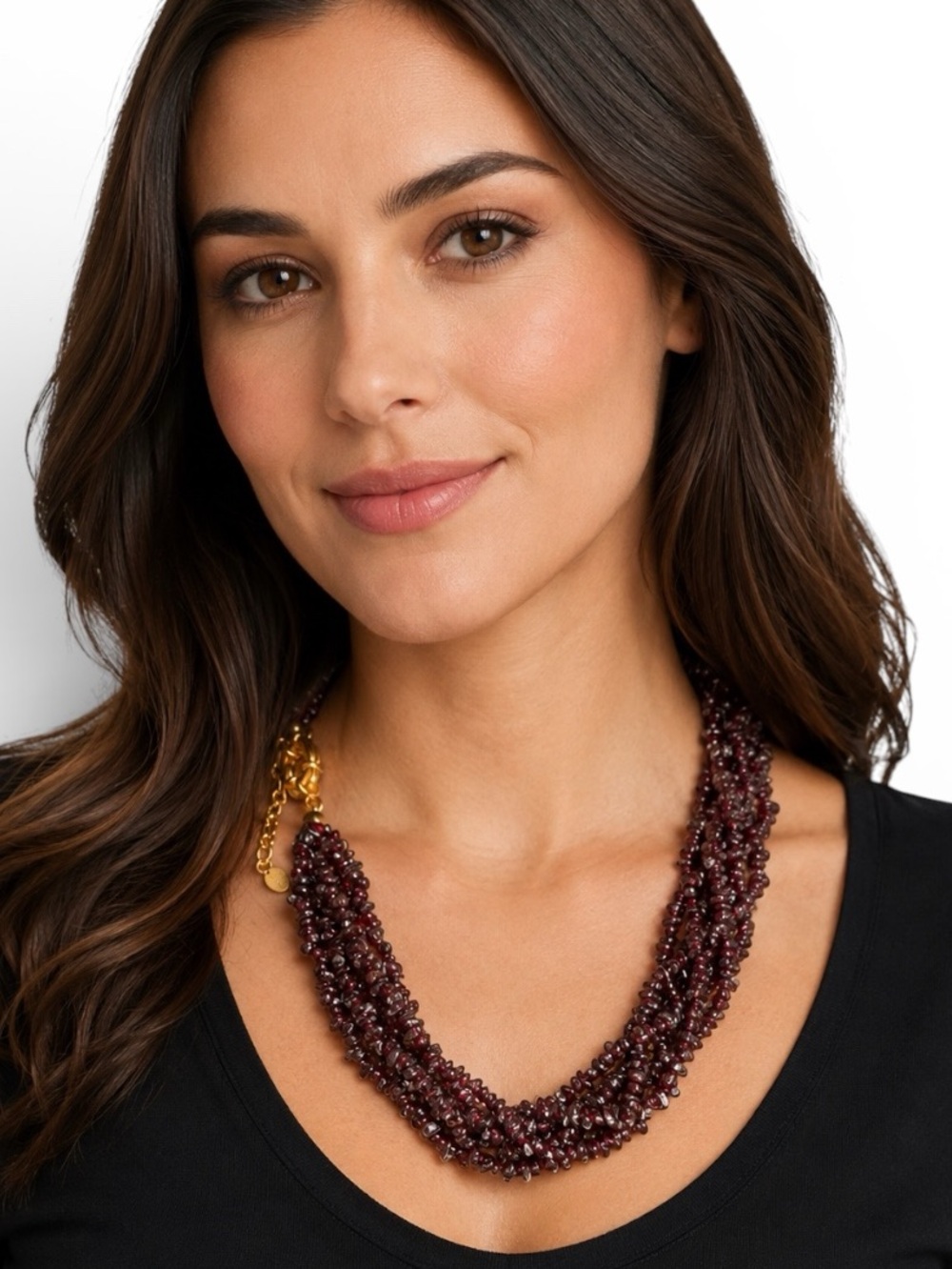 Vintage Stauer Multi-Strand Garnet Chip Necklace Gold Tone Clasp